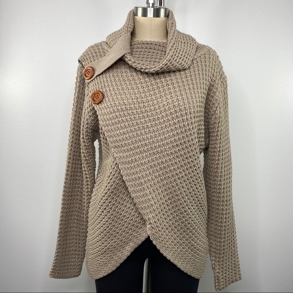 ๐ Mocha Wrap Asymmetrical Hem Waffle Knit Sweater - Picture 6 of 6